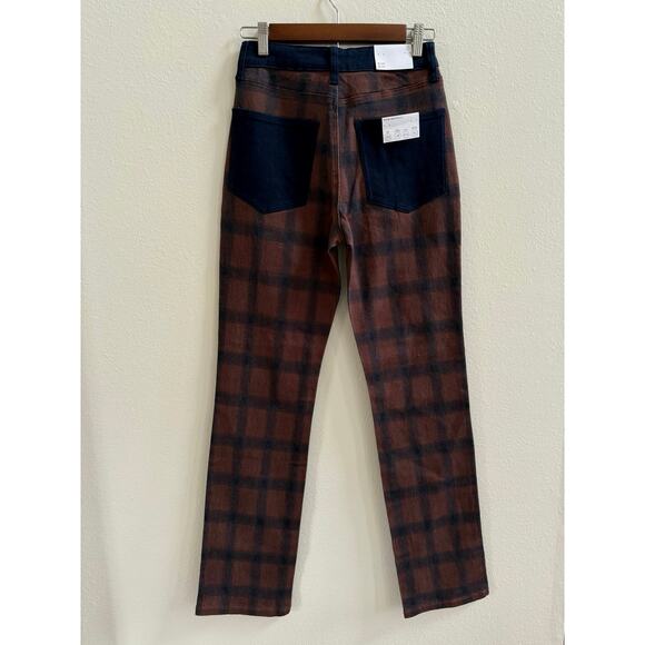 WeWoreWhat Icon Plaid Brown Navy Colorblock Straight Leg Jeans 25 NWT High Rise - Picture 3 of 16